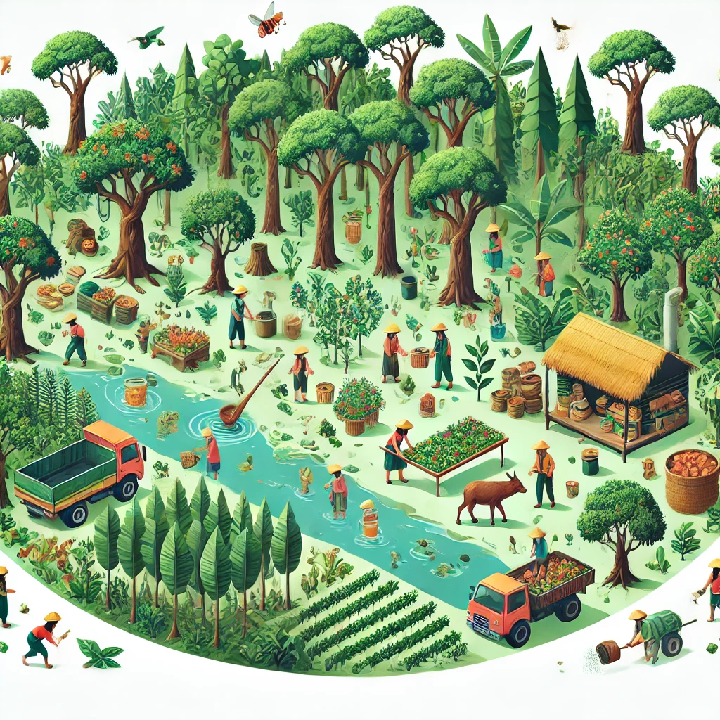 DALL·E 2025-02-24 10.19.51 – An illustration depicting social forestry. The image features a lush, green forest with a group of people planting trees, maintaining the ecosystem, a